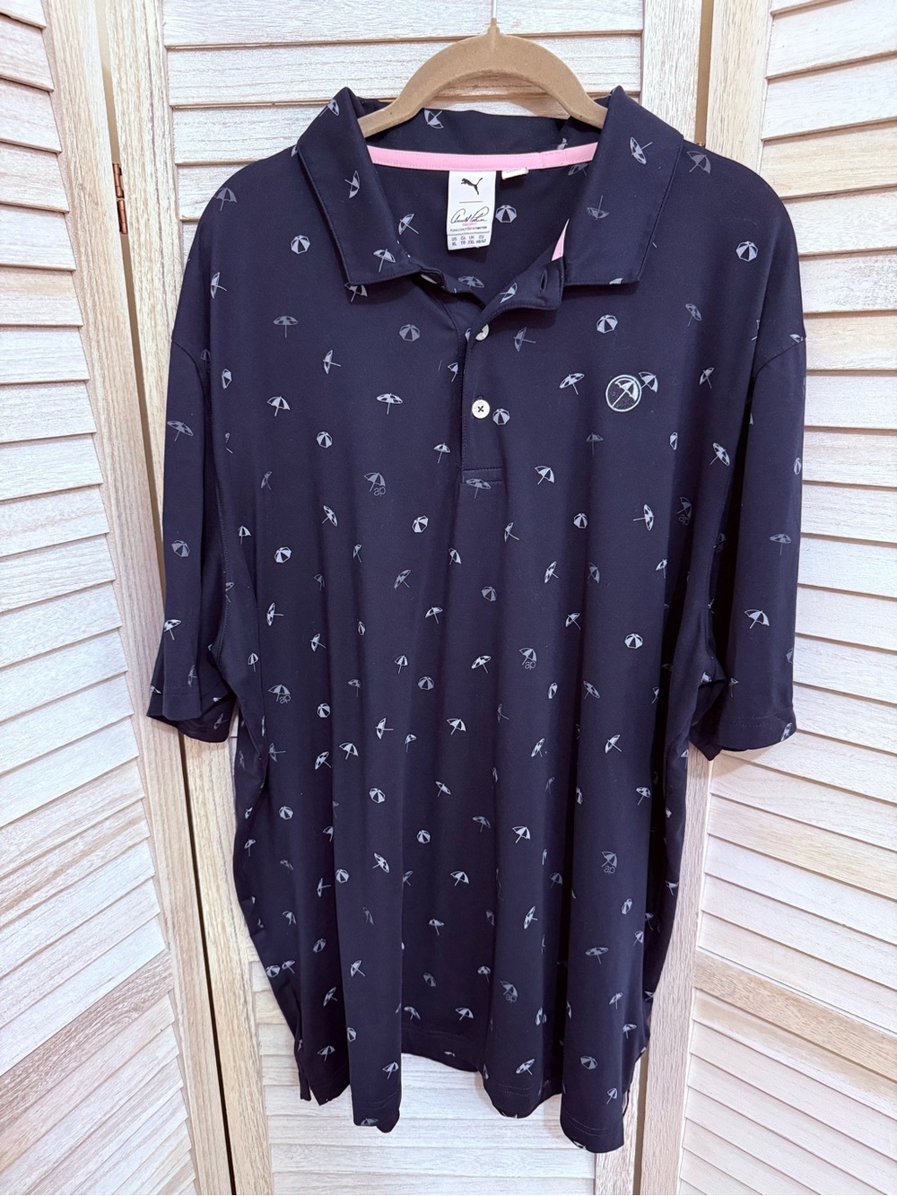 Puma Navy Polo with Pink Trim and White Umbrella Print